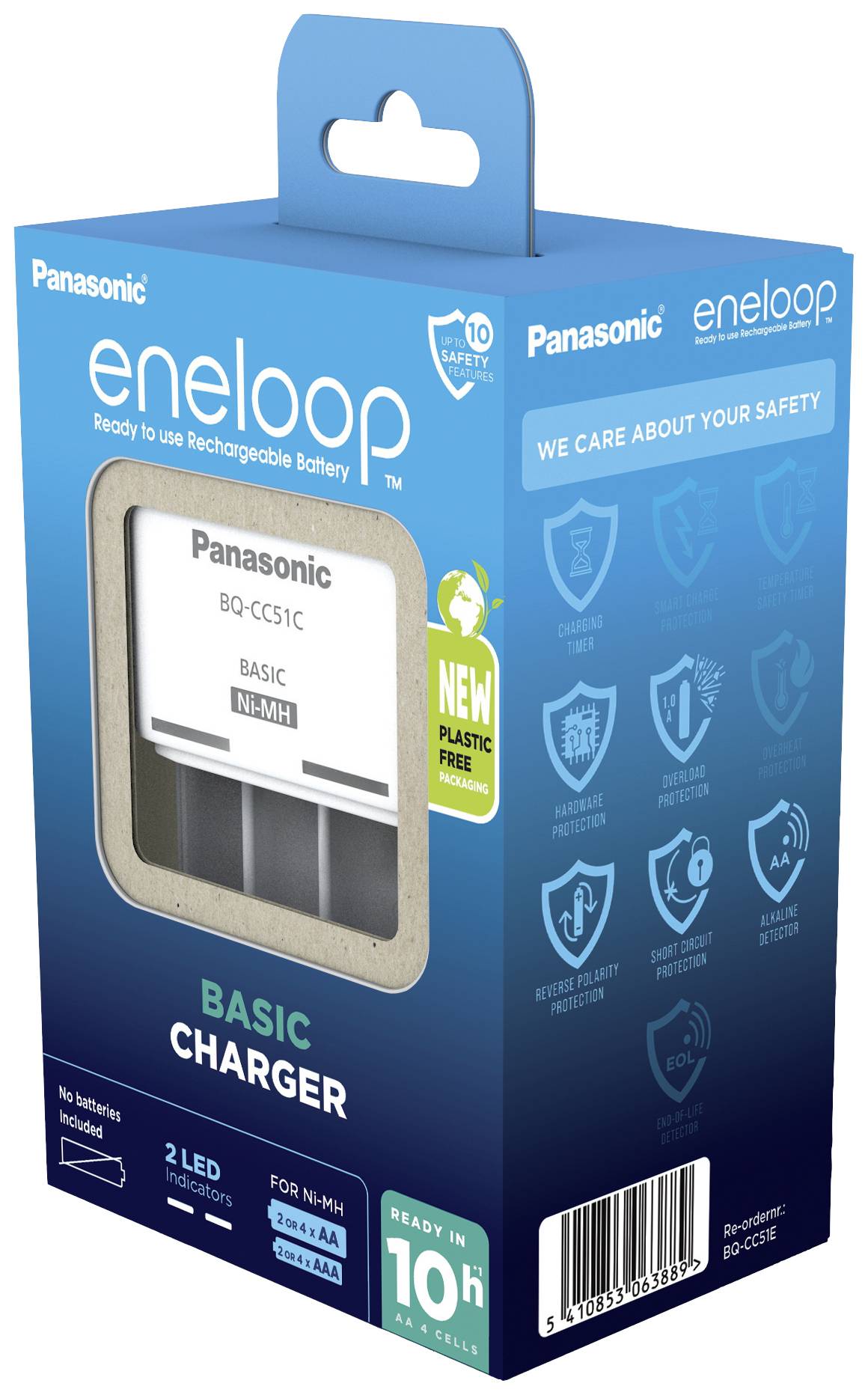Chargeur de batterie Panasonic eneloop dans un emballage bleu, sans plastique. Contient des informations sur le temps de charge et les caractéristiques de sécurité.