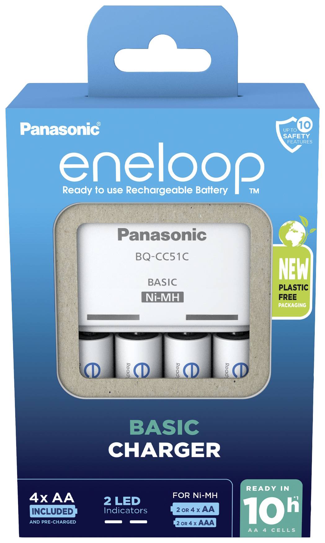 Chargeur Panasonic eneloop Basic pour 4 piles AA. Contient 4 piles AA rechargeables. Emballage sans plastique. Temps de charge d'environ 10 heures.
