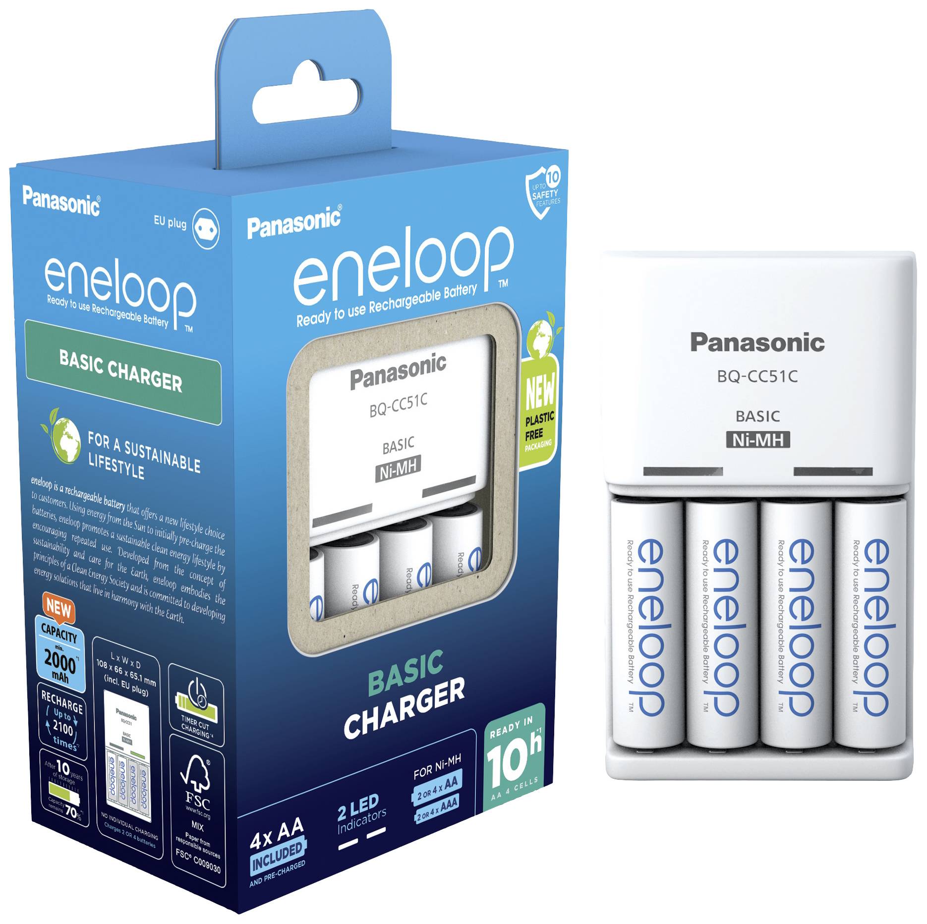 Un chargeur de piles de la marque Panasonic 'eneloop'. Contient un chargeur avec quatre piles rechargeables AA.