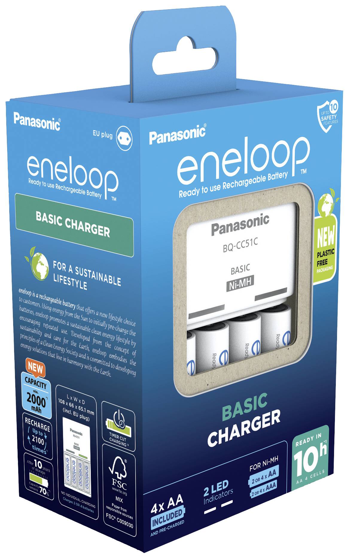 Emballage du chargeur Panasonic Eneloop avec des piles, mettant l'accent sur la durabilité et une durée de charge de 10 heures.
