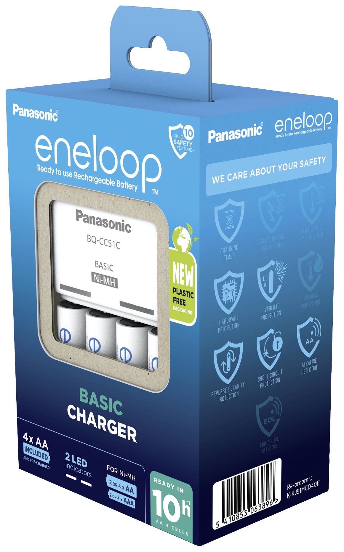 Chargeur pour piles AA/AAA Ni-MH de Panasonic avec 4 piles AA. L'emballage met l'accent sur la sécurité et la charge rapide en 10 heures.