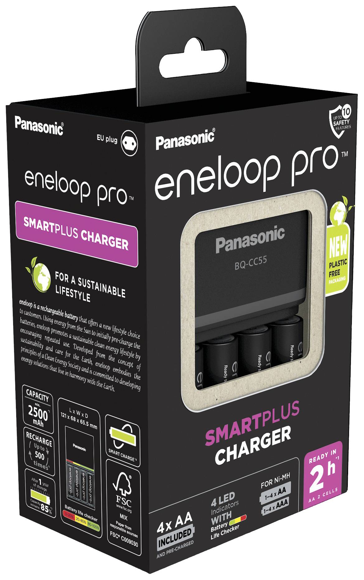 Chargeur de bloc de batterie NiMH avec accus Panasonic Smart & Quick BQ-CC55 +4x eneloop Pro AA