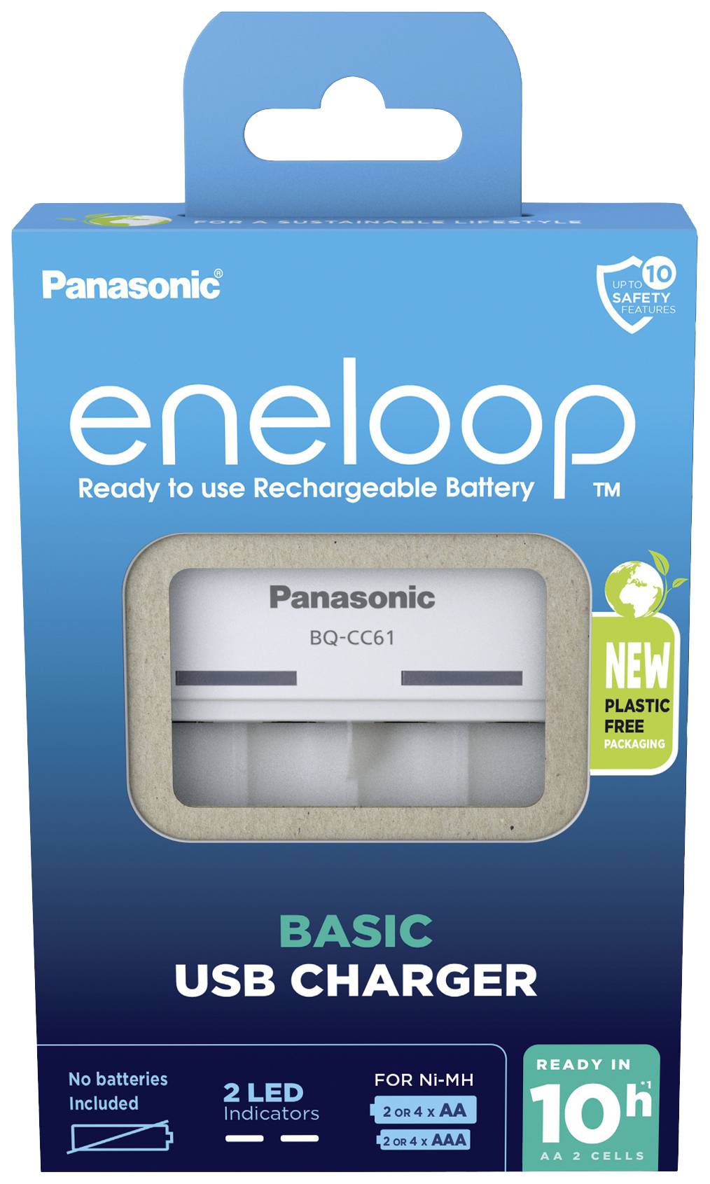 Emballage d'un chargeur USB Panasonic eneloop Basic. Comprend 2 voyants LED et convient aux piles rechargeables Ni-MH AA/AAA.