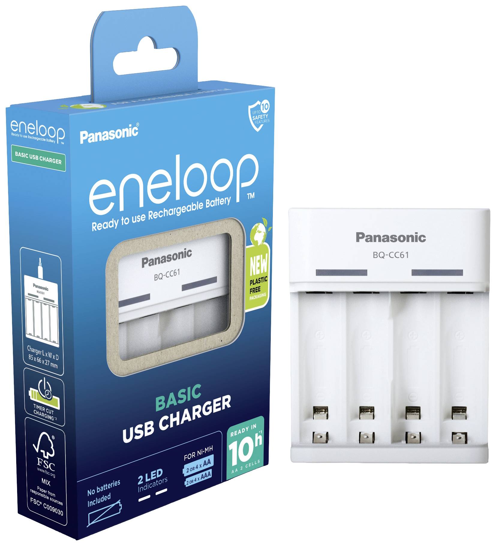 Emballage du chargeur USB Panasonic eneloop BQ-CC61. Montre le chargeur et l'inscription 'BASIC USB CHARGER' pour batteries rechargeables.