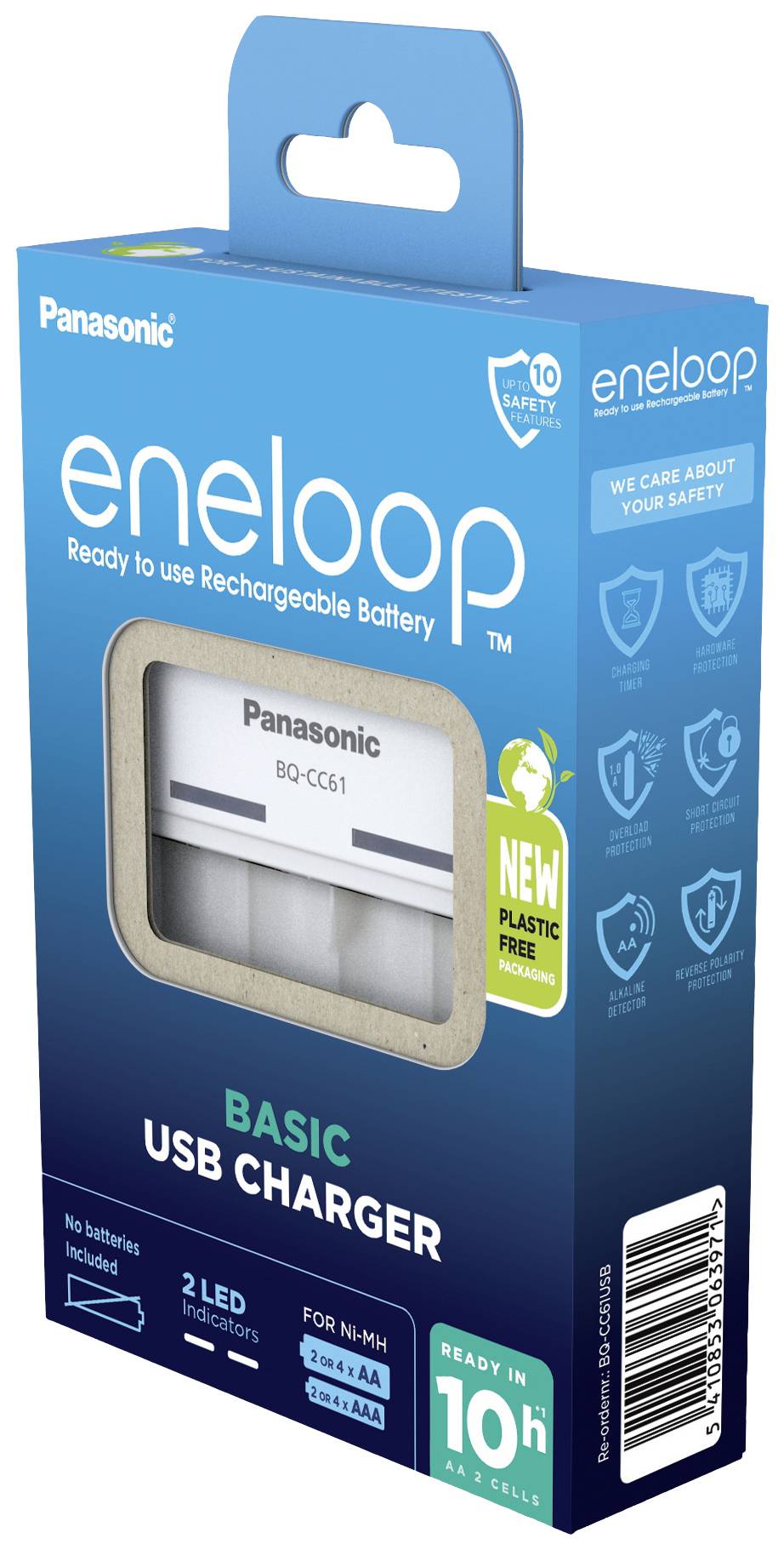 Emballage d'un chargeur de piles 'Panasonic eneloop'. Présente le chargeur et met en évidence 'PRÊT EN 10h' et 'Nouveau sans plastique'.
