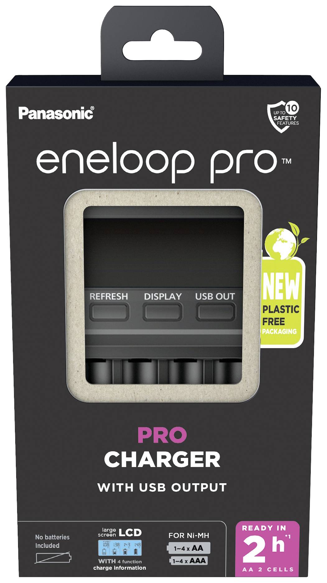 Chargeur 'Eneloop Pro' avec sortie USB dans un emballage écologique. Comprend des fonctionnalités telles que Refresh, Affichage et Sortie USB.