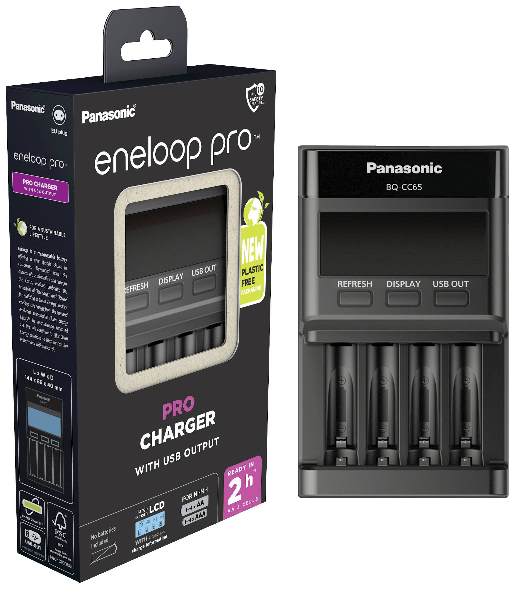 Un chargeur de batterie Panasonic, modèle 'eneloop pro', avec quatre emplacements de charge et sortie USB. L'emballage présente le chargeur avec un écran.