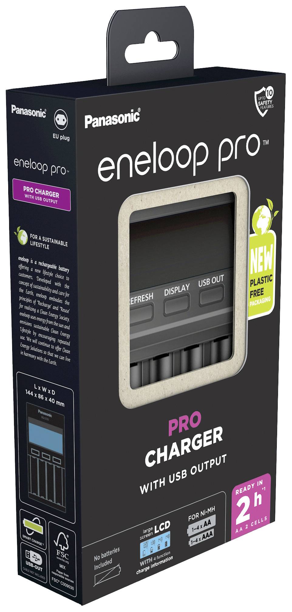 Emballage du chargeur Panasonic eneloop pro avec sortie USB et écran LCD. Inscriptions : 'Pour Ni-MH' et 'Prêt en 2 heures'.