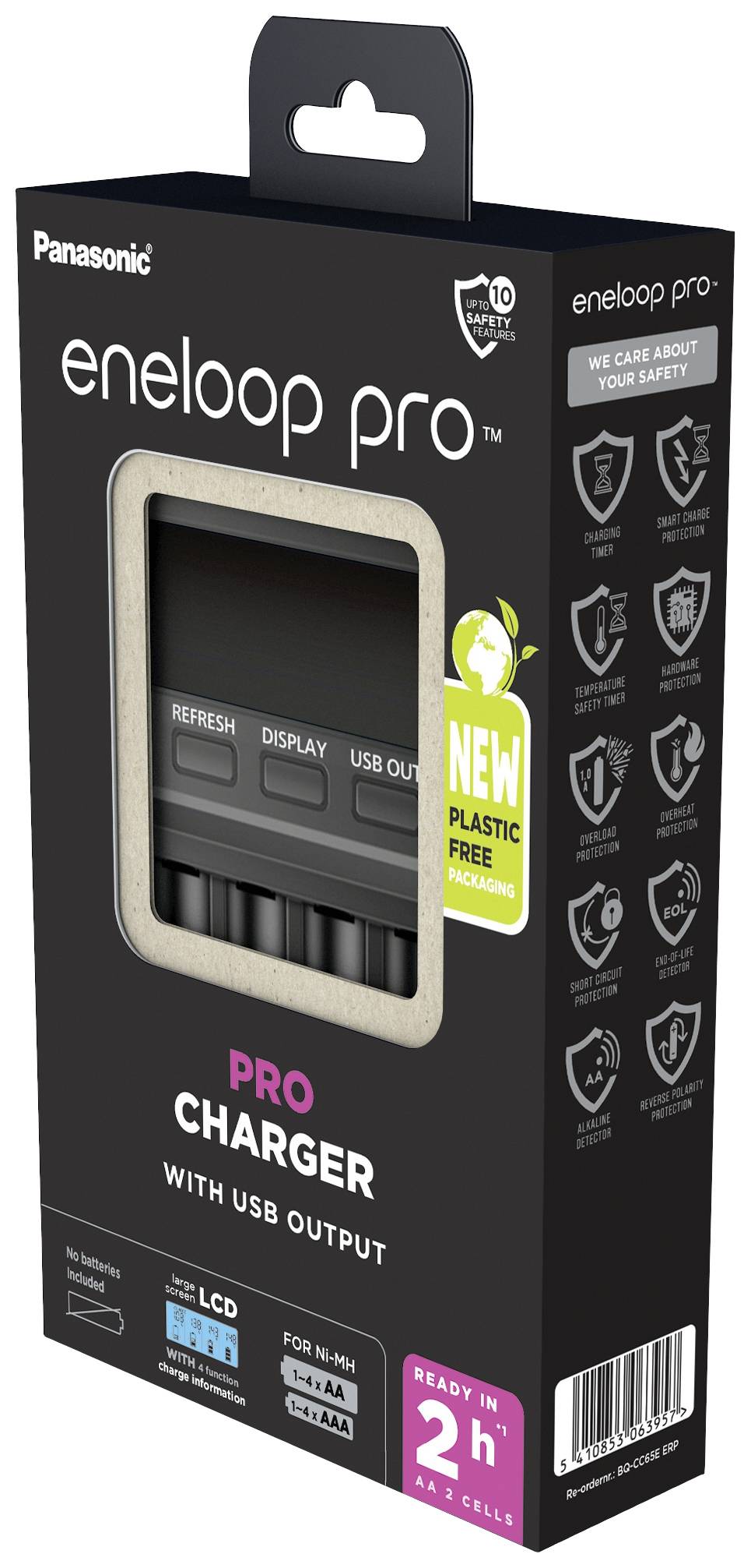 Chargeur pour batteries Eneloop Pro avec sortie USB, nouvel emballage sans plastique. Durée de charge de 2 heures pour 2 batteries. Panasonic.