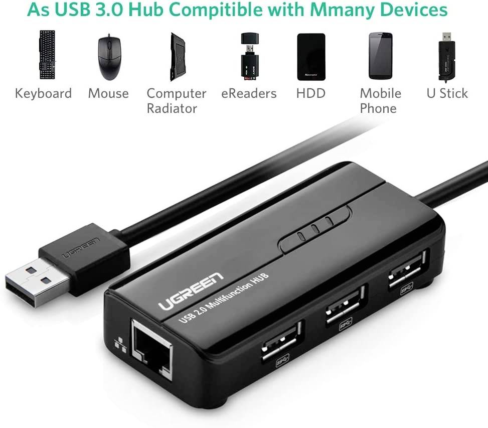 Hub USB 2.0 UGREEN USB 2.0 Hub RJ45 Ethernet Adapter 3+1 ports noir