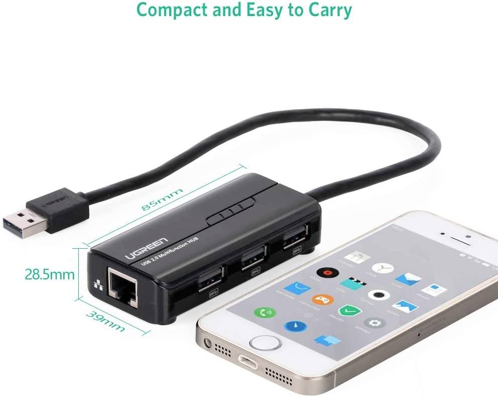 Hub USB 2.0 UGREEN USB 2.0 Hub RJ45 Ethernet Adapter 3+1 ports noir