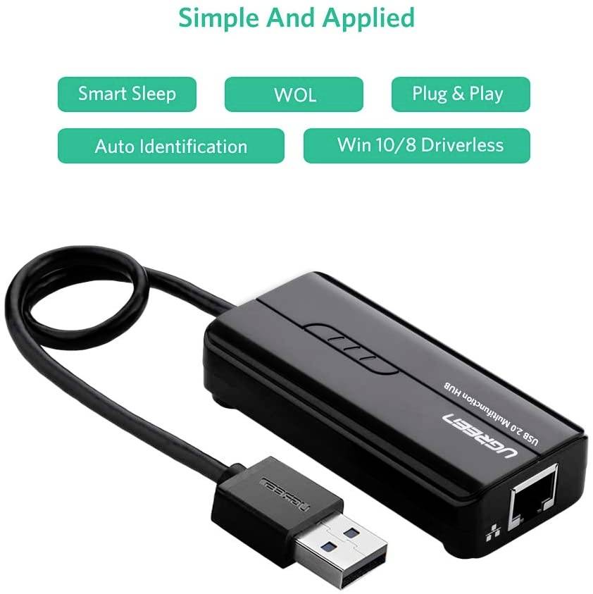 Hub USB 2.0 UGREEN USB 2.0 Hub RJ45 Ethernet Adapter 3+1 ports noir