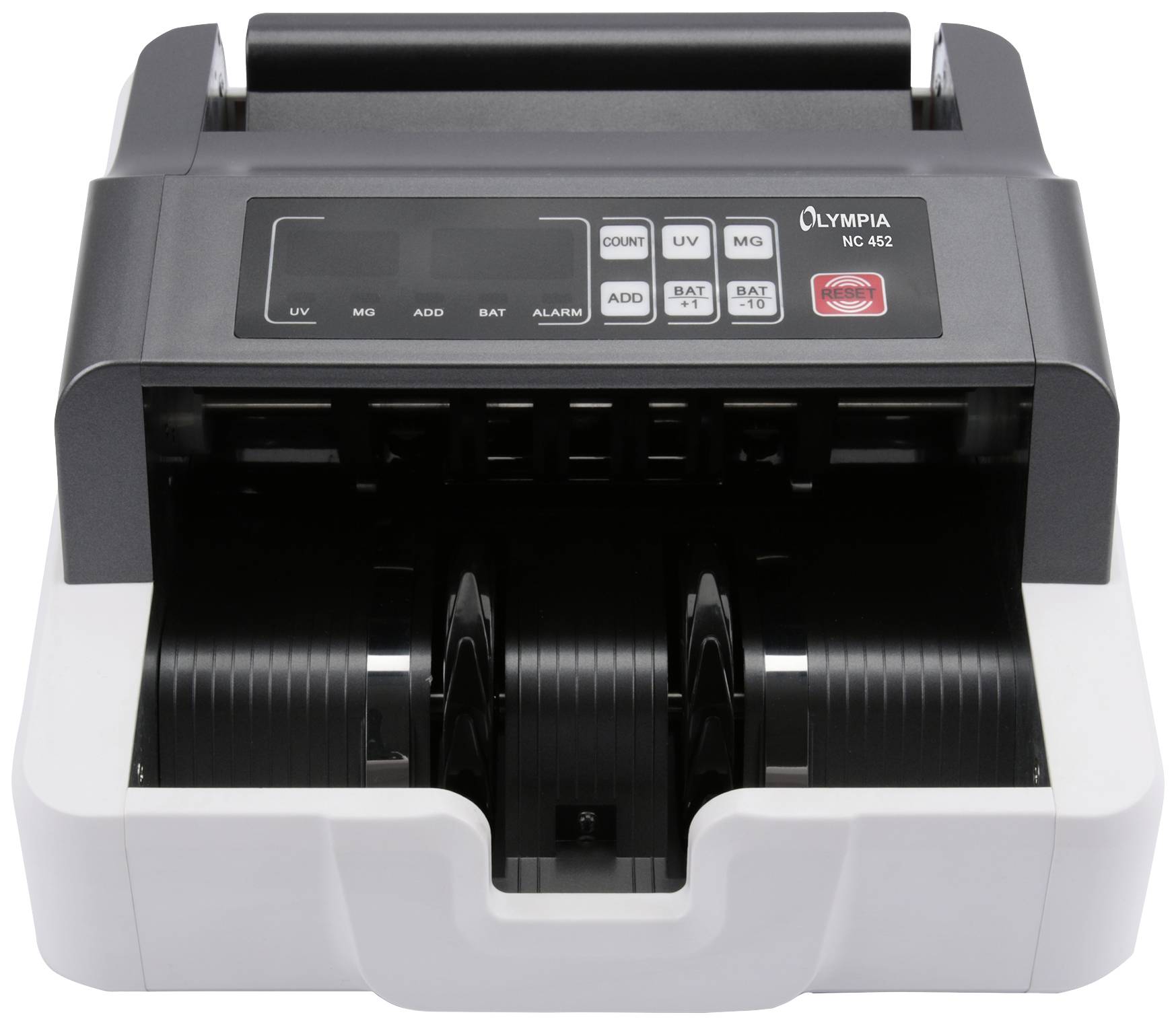 Machine à compter les billets Olympia NC 432 visible, montrant le boîtier et les rouleaux à l'intérieur, adaptée au comptage rapide de billets de banque.