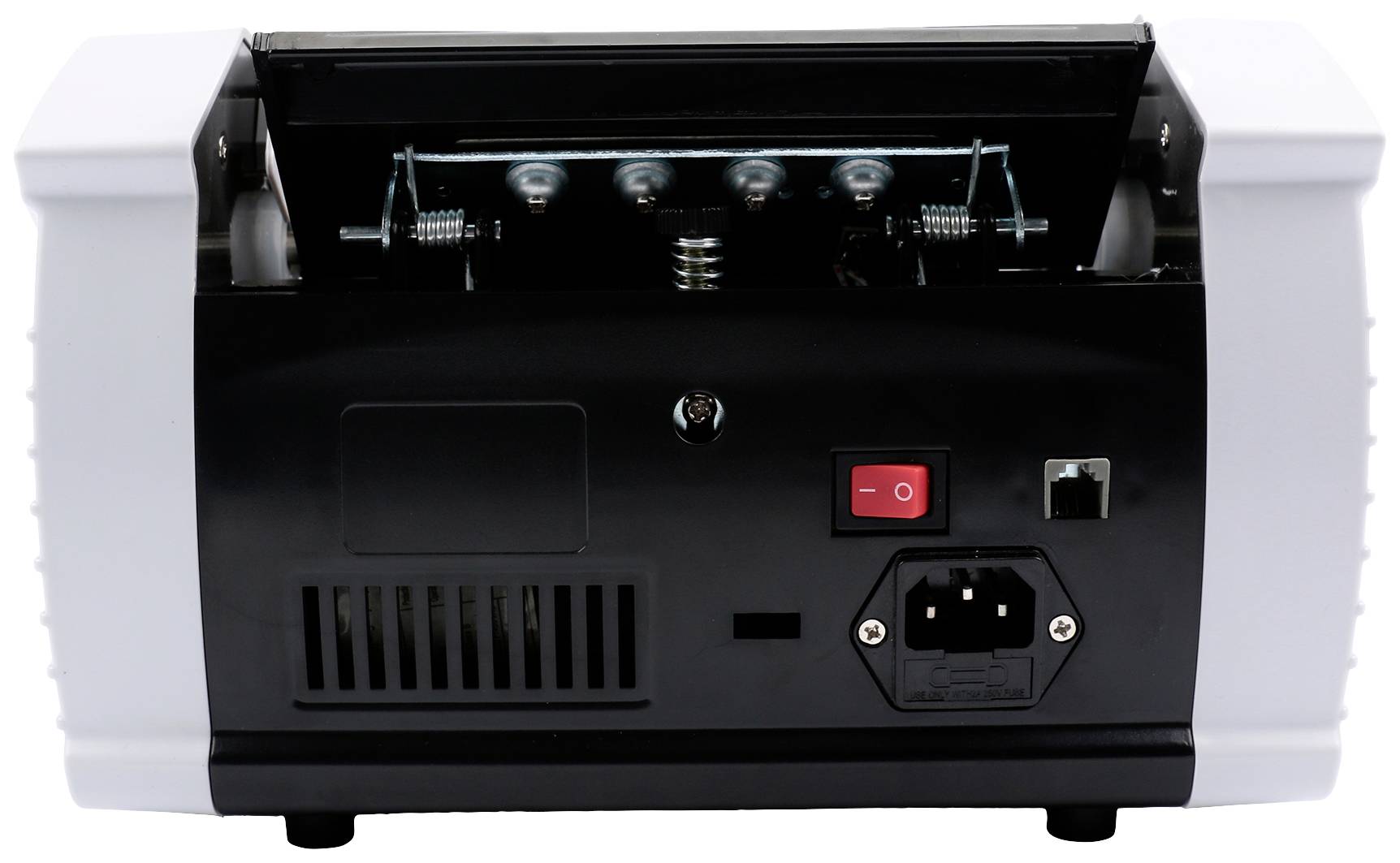 Le dos d'un appareil électronique avec un interrupteur d'alimentation, une prise secteur et un port Ethernet.