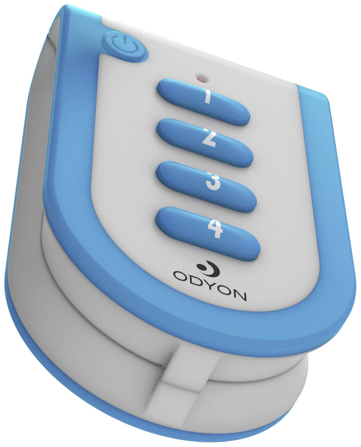 Interrupteur électronique bleu et blanc de marque Odyon avec quatre touches numérotées de 1 à 4 et un bouton Marche/Arrêt.