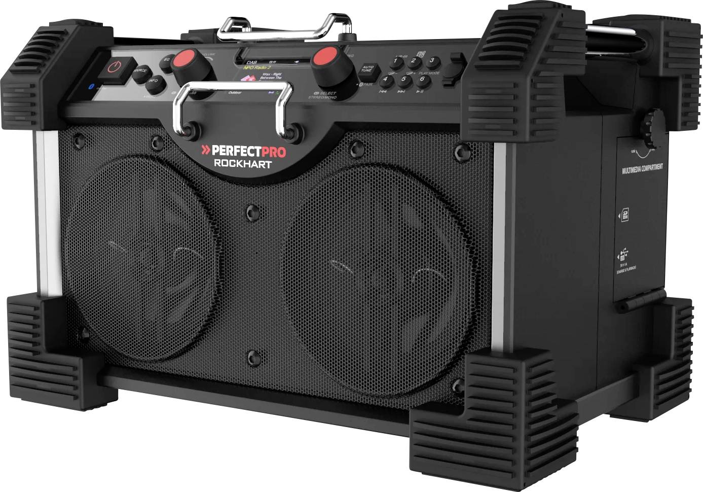 PerfectPro RockHart Radio de chantier DAB+, FM AUX, Bluetooth, NFC, USB protégé contre les projections d'eau, étanche à