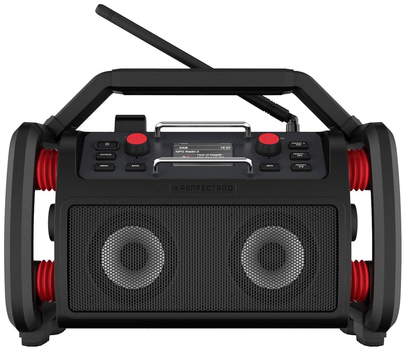 PerfectPro RockPro Radio de chantier DAB+, FM AUX, Bluetooth, USB fonction de charge de la batterie, protégé contre les