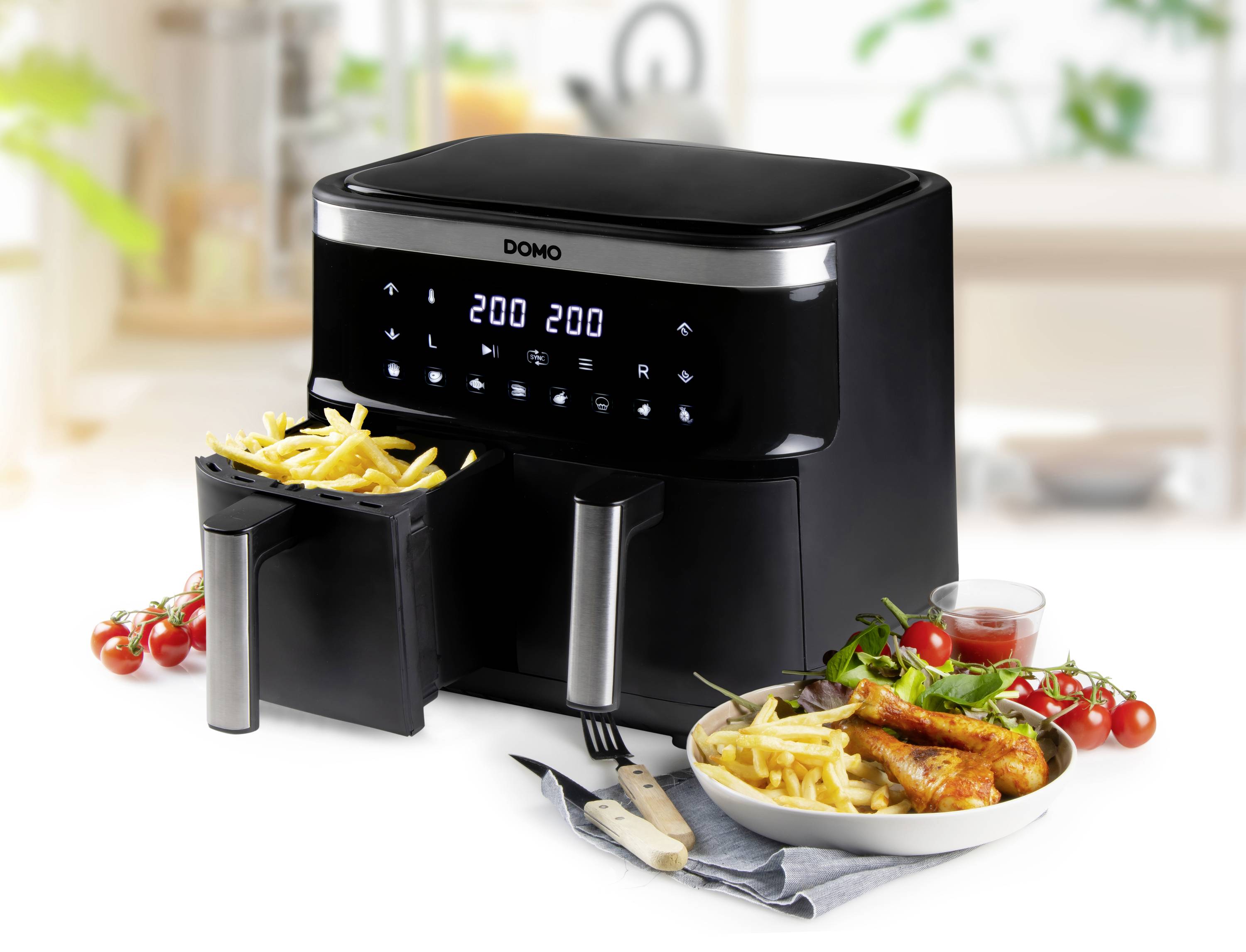 DOMO DO537FR Friteuse à air chaud 8 l protection contre la surchauffe, fonction minuteur, avec écran, revêtement anti-adhésif noir