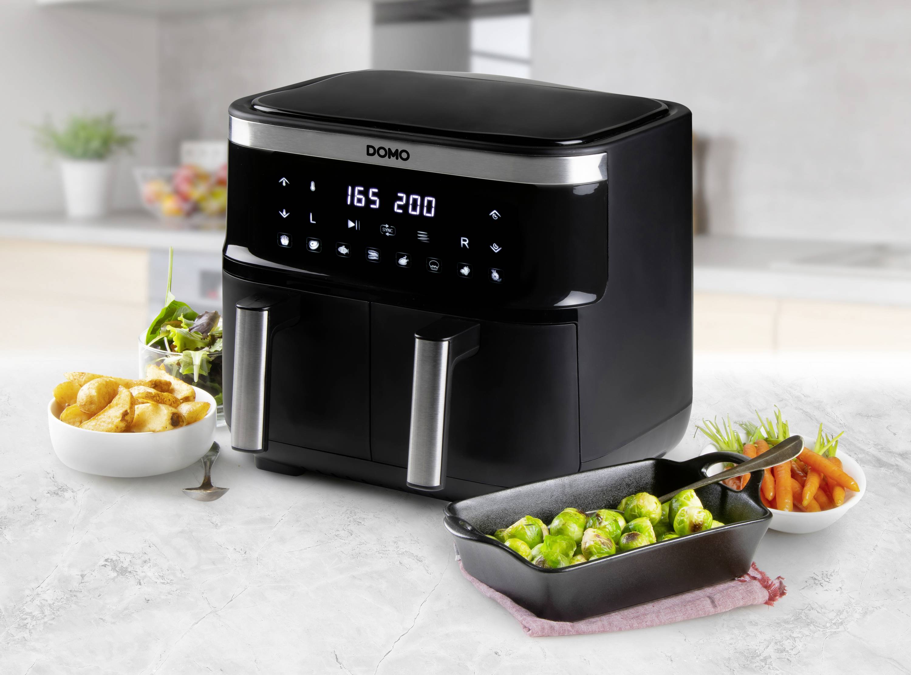DOMO DO537FR Friteuse à air chaud 8 l protection contre la surchauffe, fonction minuteur, avec écran, revêtement anti-adhésif noir