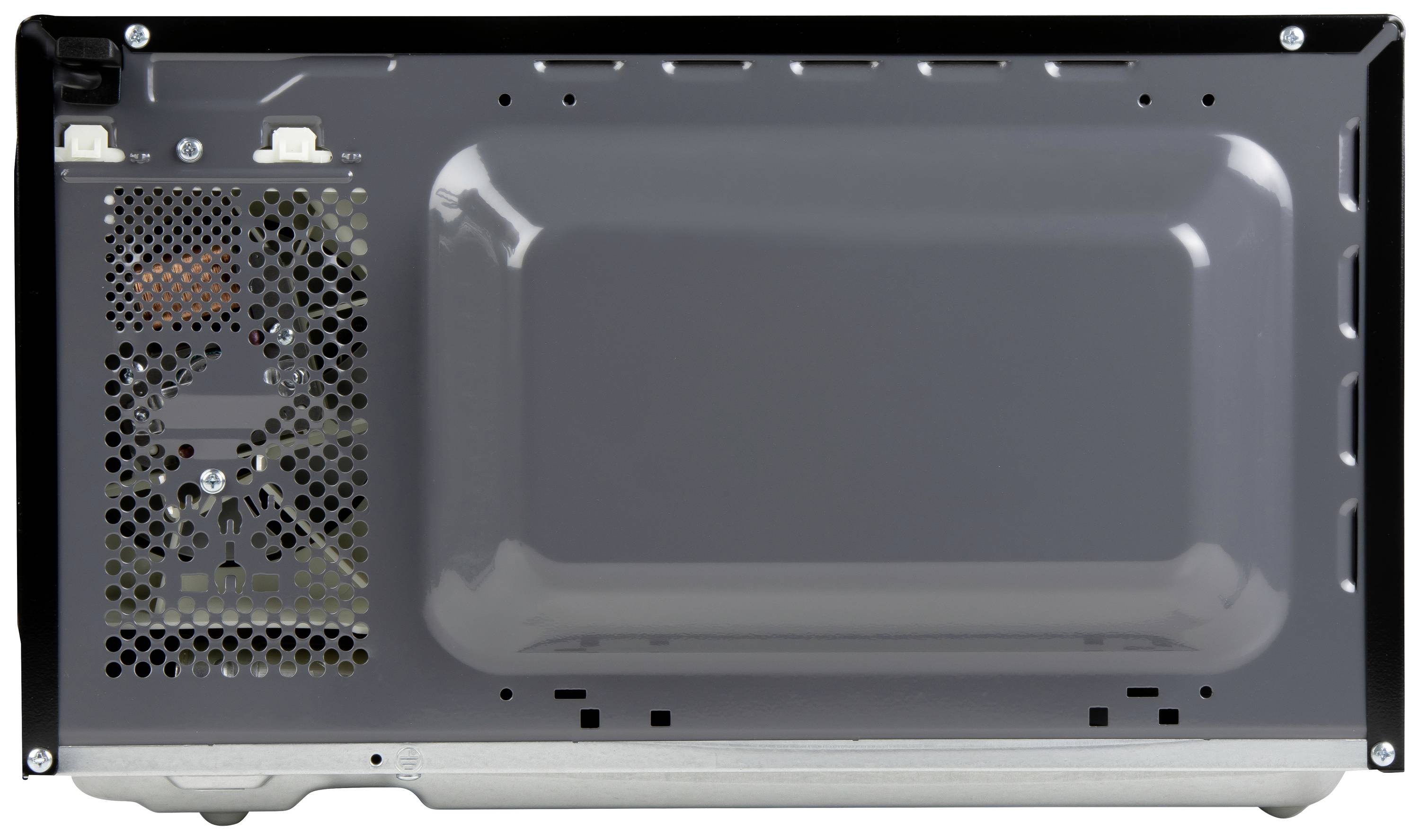 Le dos d'un four micro-ondes avec une grille de ventilation et une prise de courant révèle ses composants internes et les détails de raccordement électrique.