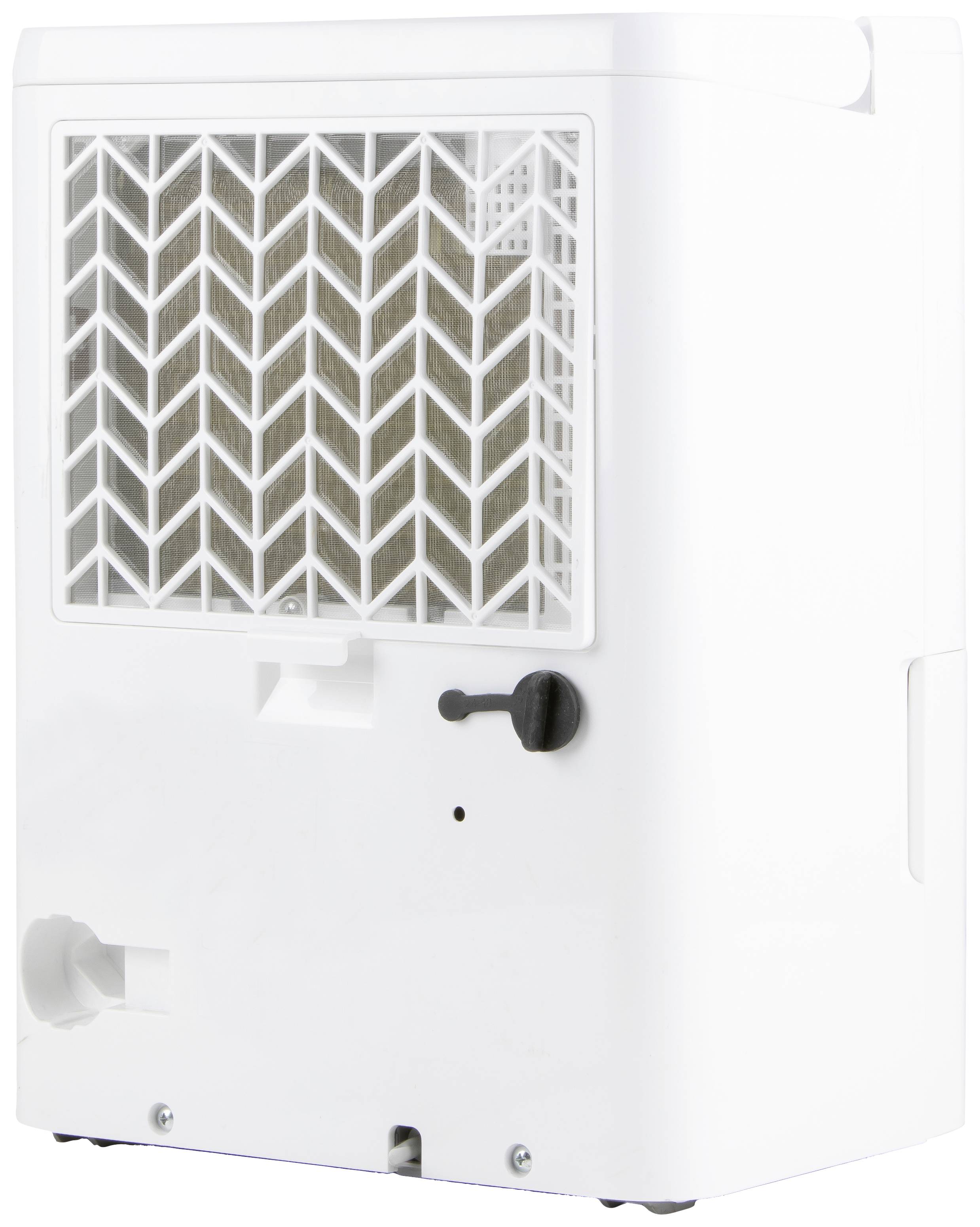 Appareil rectangulaire blanc avec une grille sur l'avant et un interrupteur noir. L'appareil sert à la ventilation ou à la climatisation.