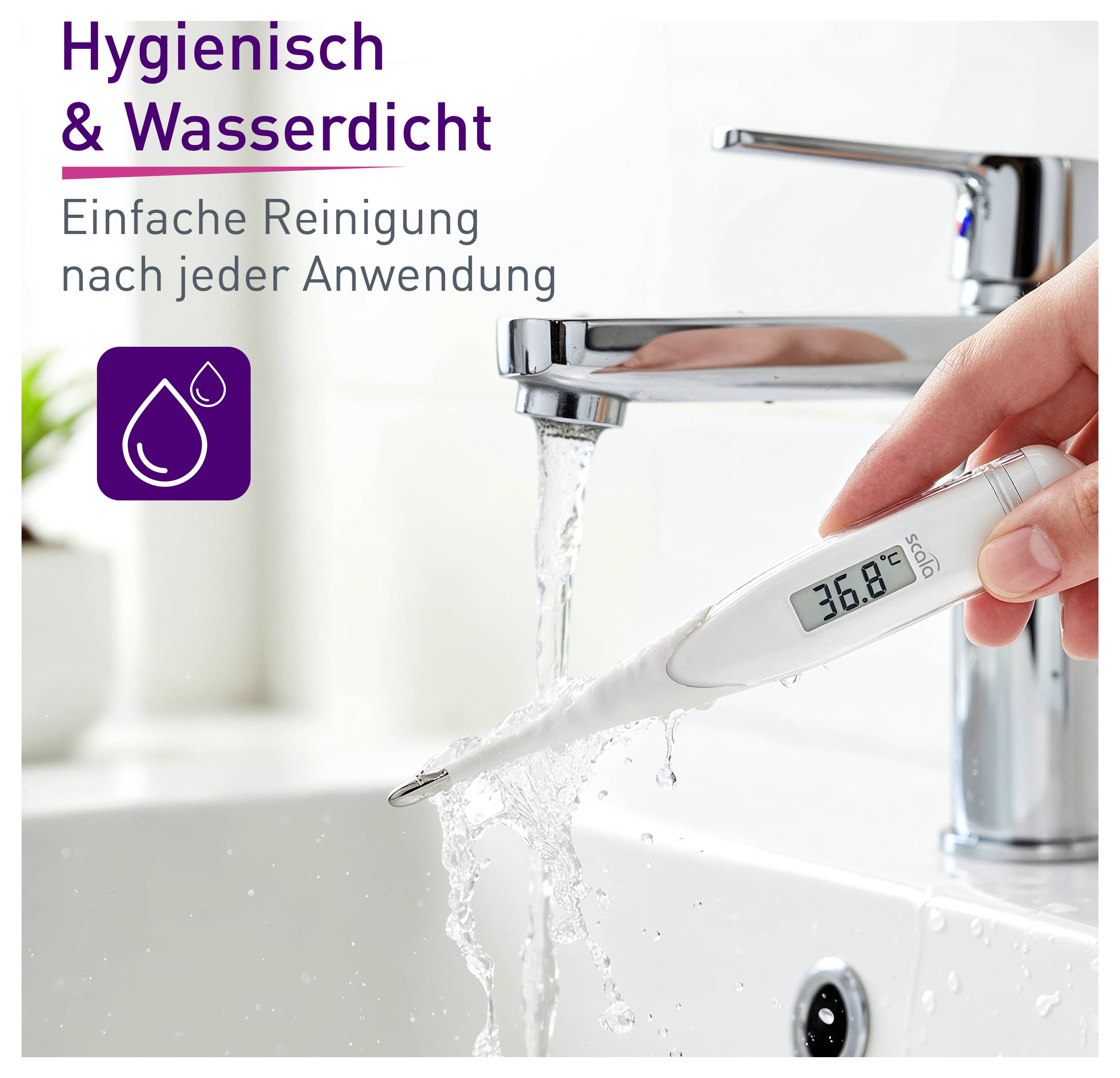 Un thermomètre est rincé sous l'eau courante. Texte : « Hygiénique & Étanche à l'eau ; Nettoyage facile après chaque utilisation ».