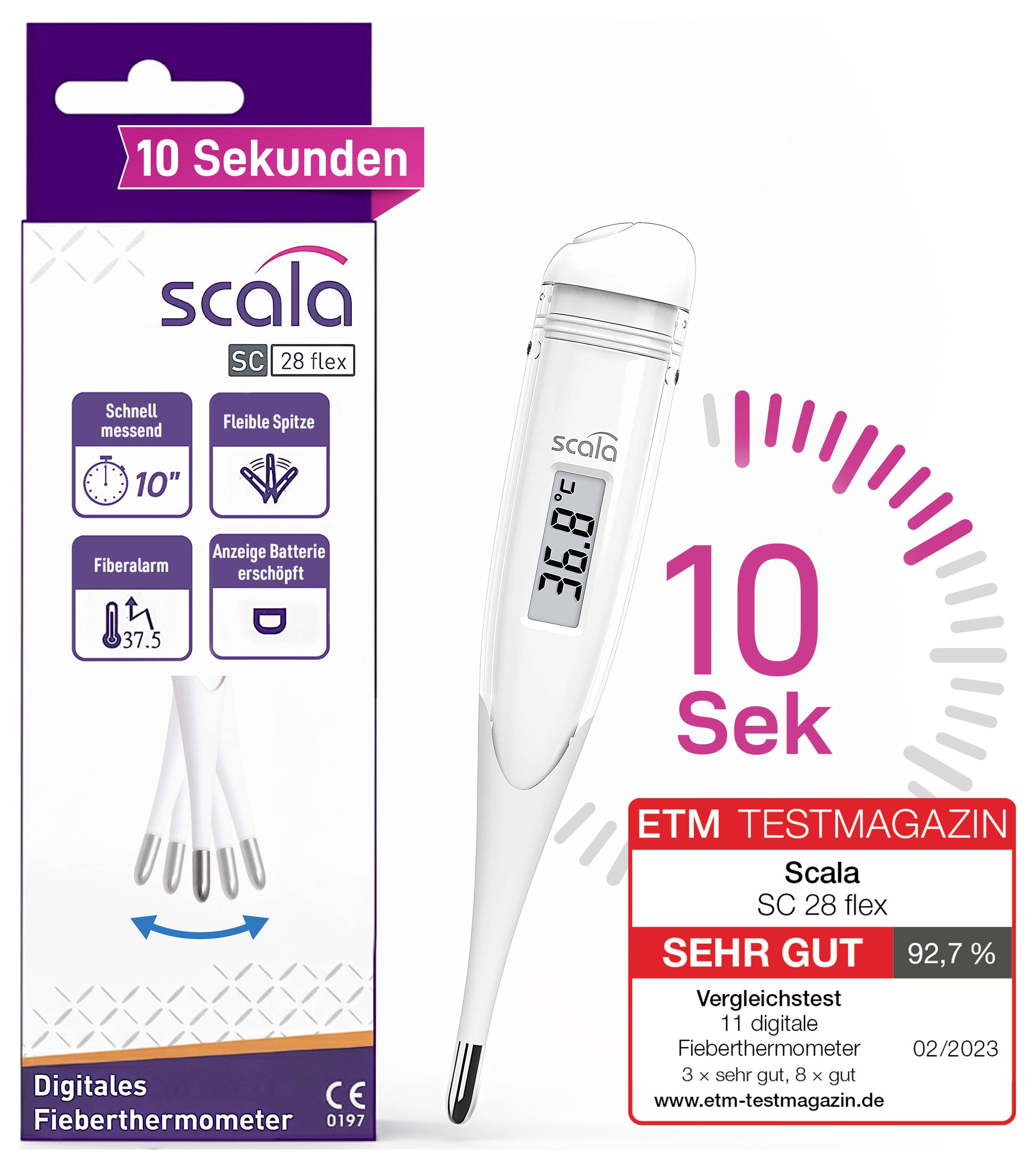 « Thermomètre numérique Scala SC 28 flex affichant 36,8°C. À gauche l'emballage, à droite le résultat du test « Très bon » avec 92,7%. »