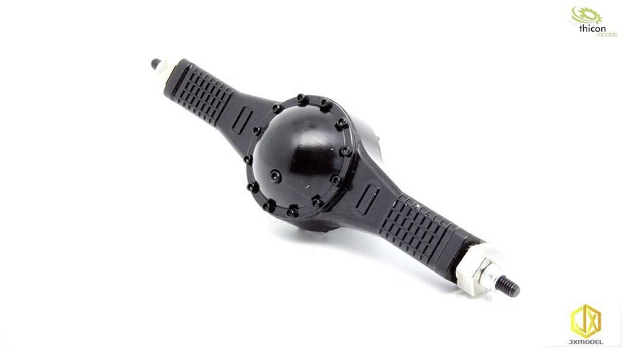 Un modèle noir d'un essieu de véhicule potentiel avec des bouchons de vis aux deux extrémités est présenté sur un fond blanc.