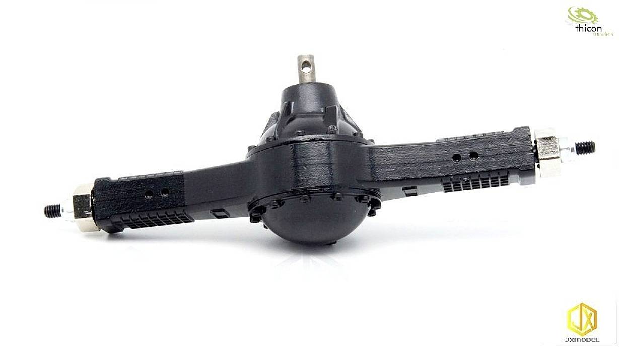 Boîtier d'essieu noir pour véhicule de modélisme, avec des détails visibles et des connexions par vis aux deux extrémités.