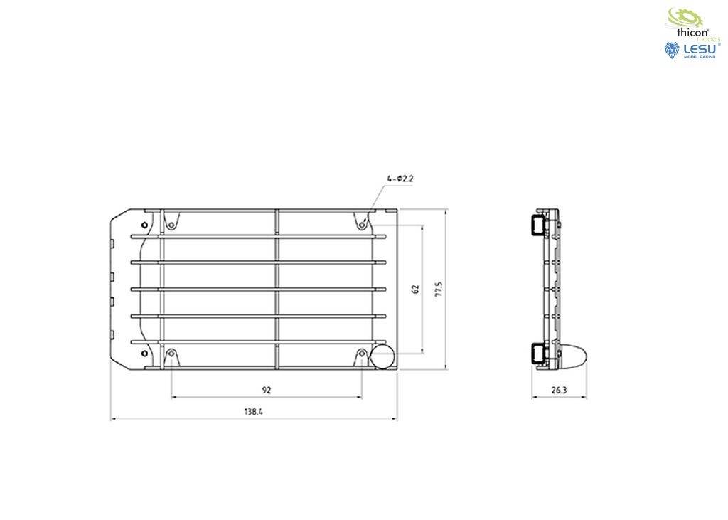 Dessin technique d'un radiateur avec des dimensions en millimètres, représentant les vues latérale et horizontale.