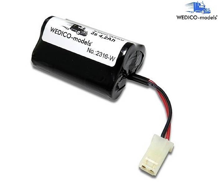 Cellule de batterie noire avec étiquette blanche 'WEDICO-models', numéro de modèle 2316-W, câbles et connecteur attachés, avec logo WEDICO.