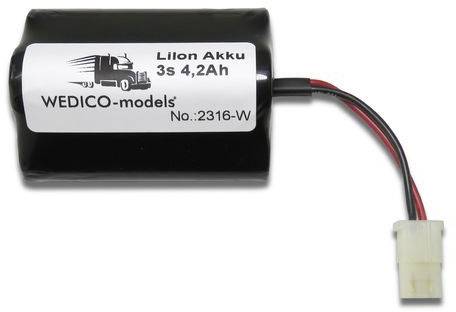 Batterie lithium-ion cylindrique portant l'inscription 'LiIon Akku 3S 4,2Ah WEDICO-models No.: 2316-W', connectée avec un câble et une prise.