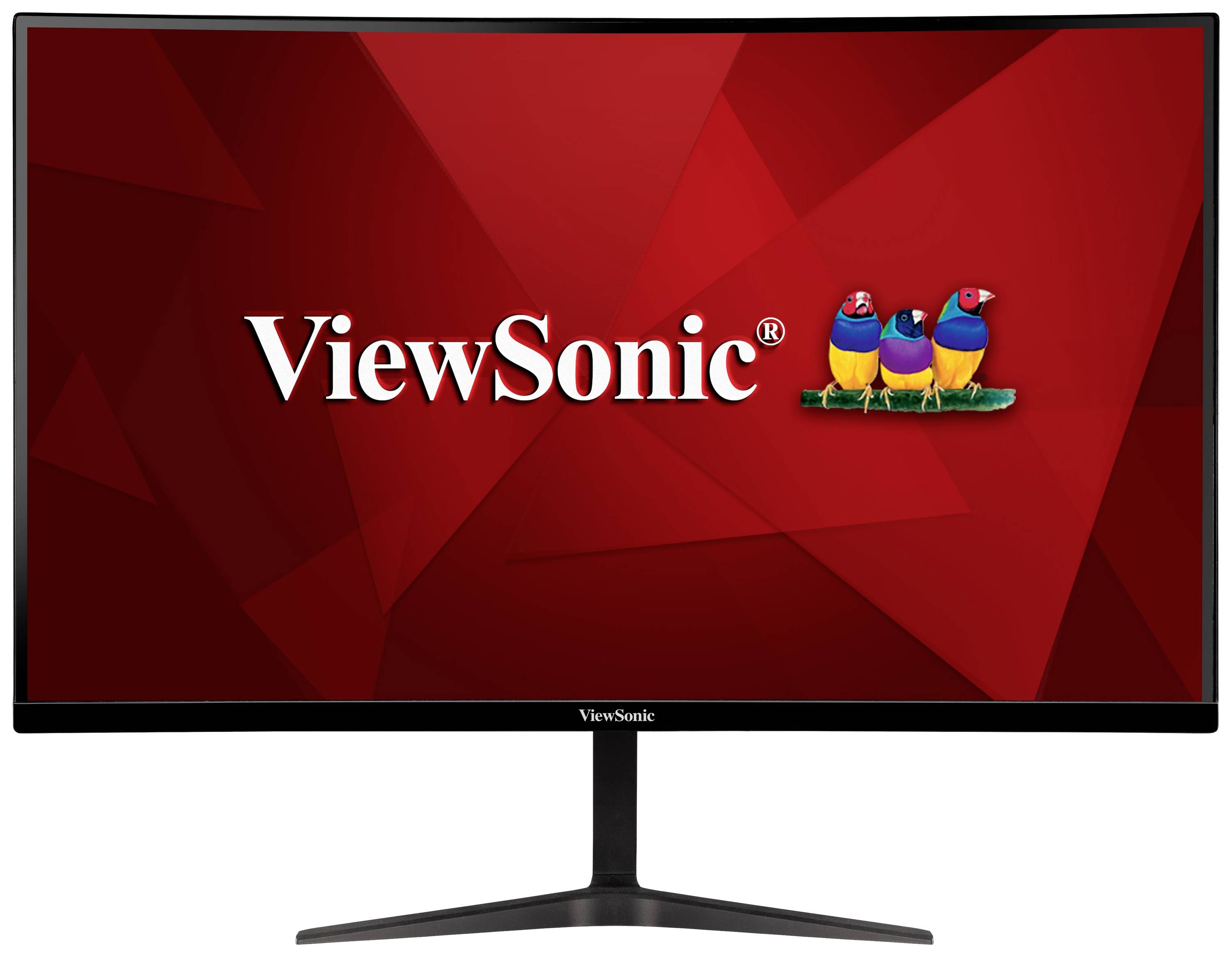 Un moniteur d'ordinateur ViewSonic avec un fond rouge, le logo ViewSonic et trois oiseaux colorés dessinés dessus.
