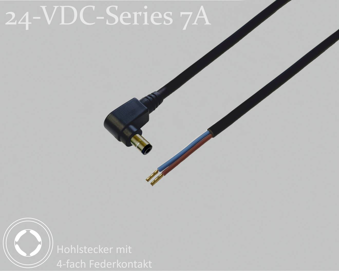 '24-VDC-Série 7A' : Câble noir avec fiche coudée et extrémités ouvertes, adapté pour courant continu 24 V. Connecteur creux avec contact à ressort quadruple.