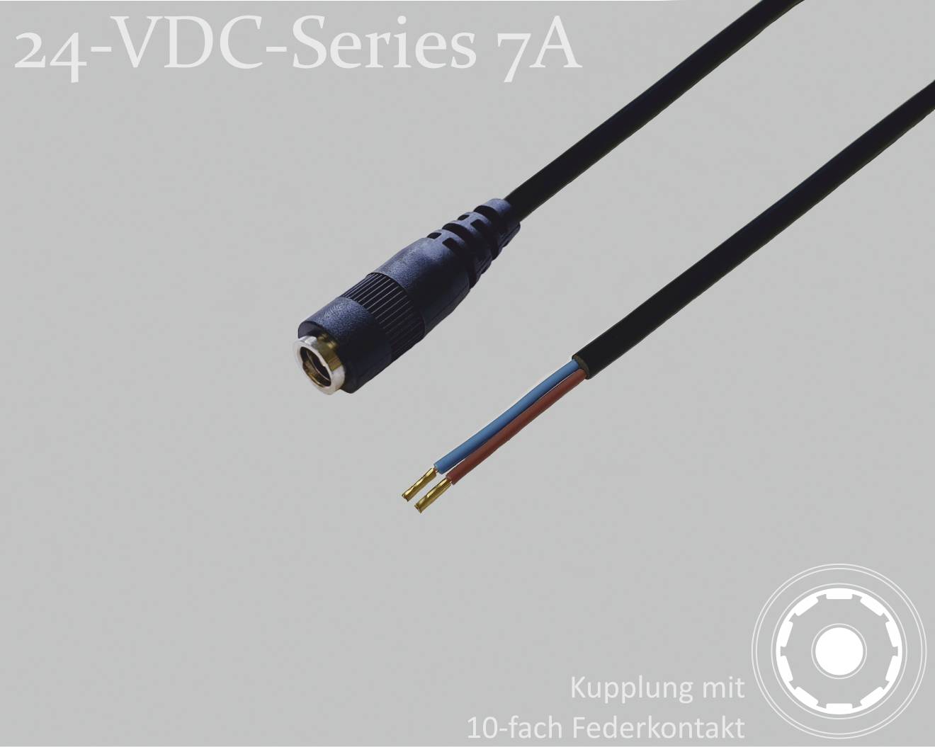 Câble de connexion avec extrémité de fil ouverte. Étiquette : '24 V CC - Série 7A'. En dessous : 'Couplage avec contact à ressort 10 fois'.