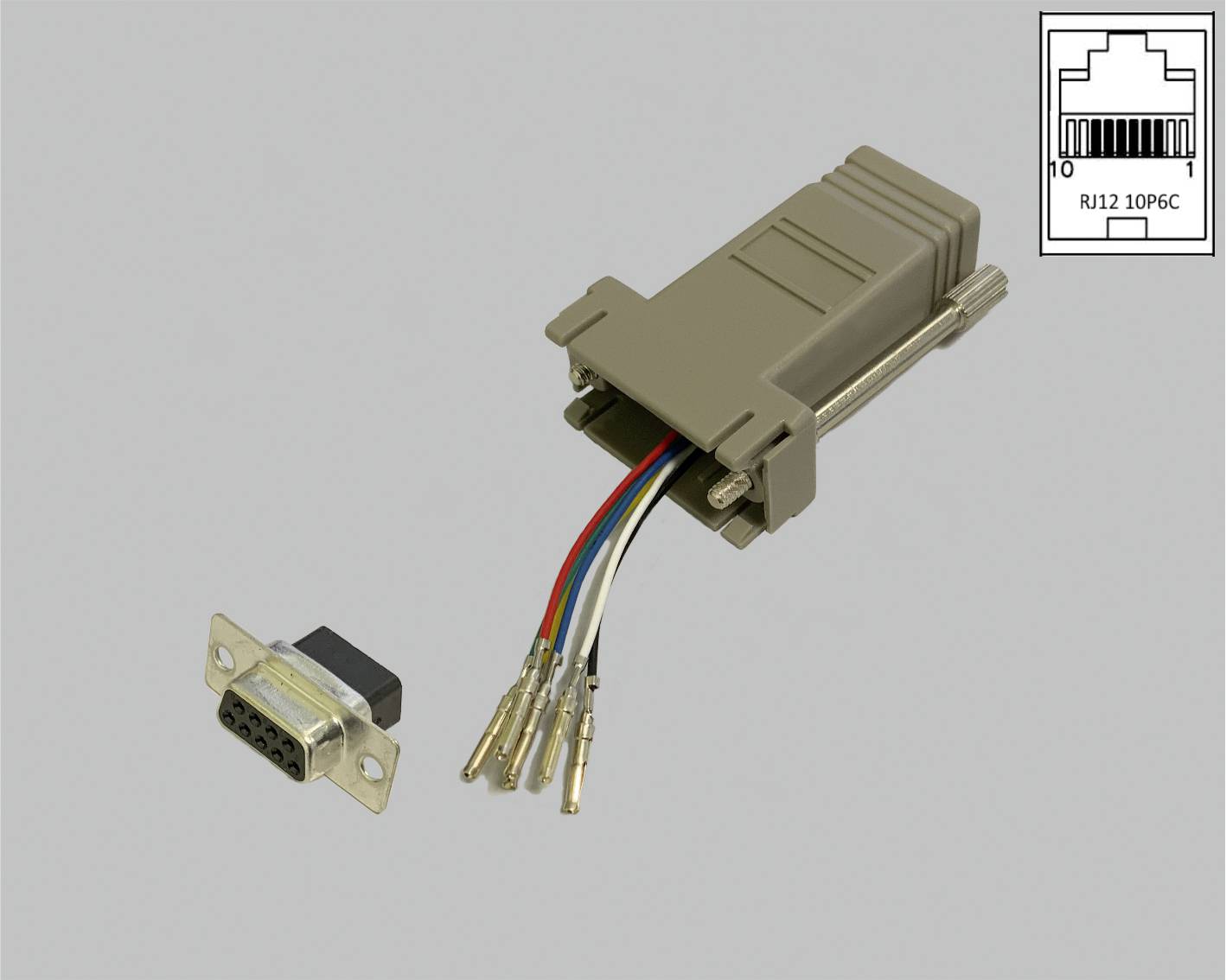 Un adaptateur série montre des extrémités de câbles colorées. En haut à droite se trouve un dessin de la connexion RJ12 avec l'intitulé 'RJ12 10P6C'.