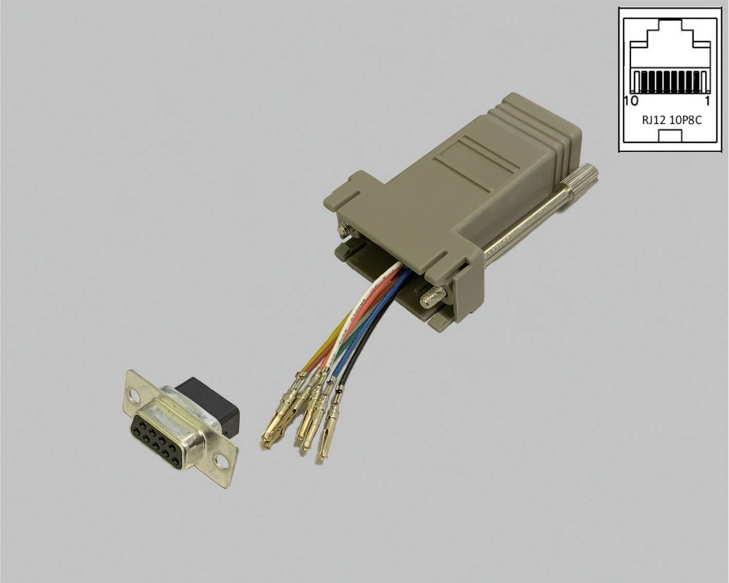 Un adaptateur série avec des fils dénudés et un connecteur séparé à 9 broches. En haut à droite est représenté un connecteur RJ12.