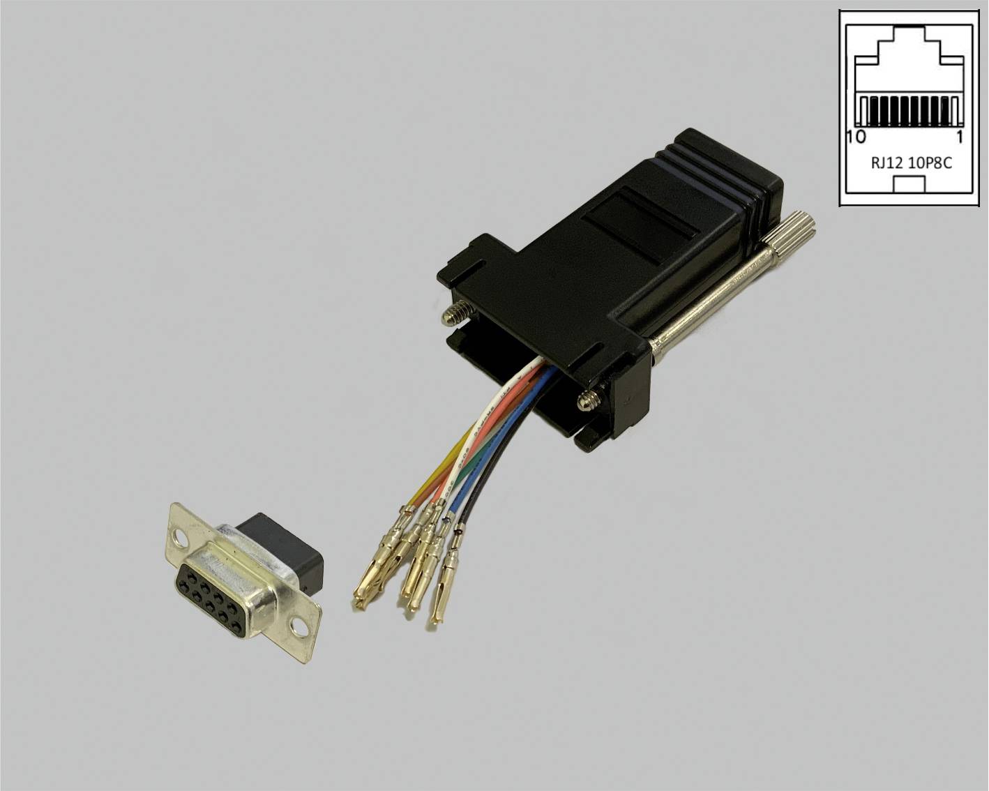 L'image montre un adaptateur noir avec plusieurs câbles colorés pouvant être connectés à une interface RS232. En haut à droite est schématiquement représenté un connecteur RJ12 10BPC.