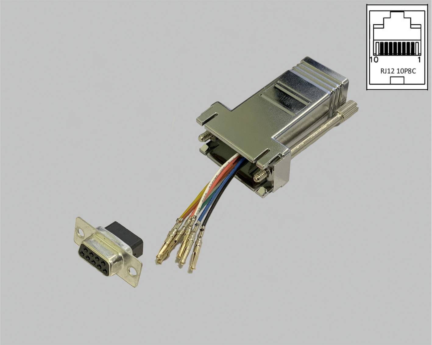 Adaptateur argenté avec plusieurs câbles de couleur, un plus petit connecteur à côté à gauche. En haut à droite, un diagramme RJ12 10P8C.