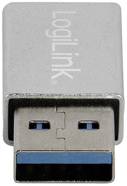Une clé USB argentée de LogiLink avec un intérieur bleu à l'embout, sur un fond blanc.
