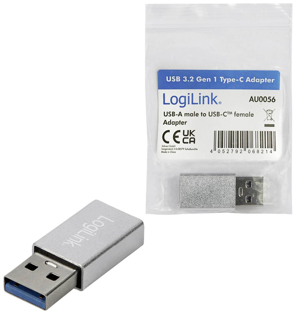 Un adaptateur USB 3.2 Gen 1 Type-C de LogiLink, modèle AU0056, présenté dans son emballage d'origine et en tant qu'appareil séparé.
