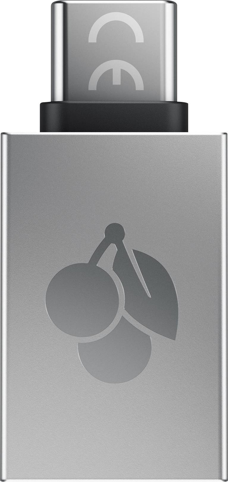 Adaptateur USB-C en argent avec logo de cerise sur la face avant.