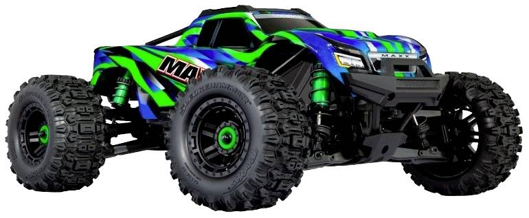 Une voiture télécommandée bleu-vert avec de grandes roues robustes, conçue pour des aventures tout-terrain sur différents types de terrain.