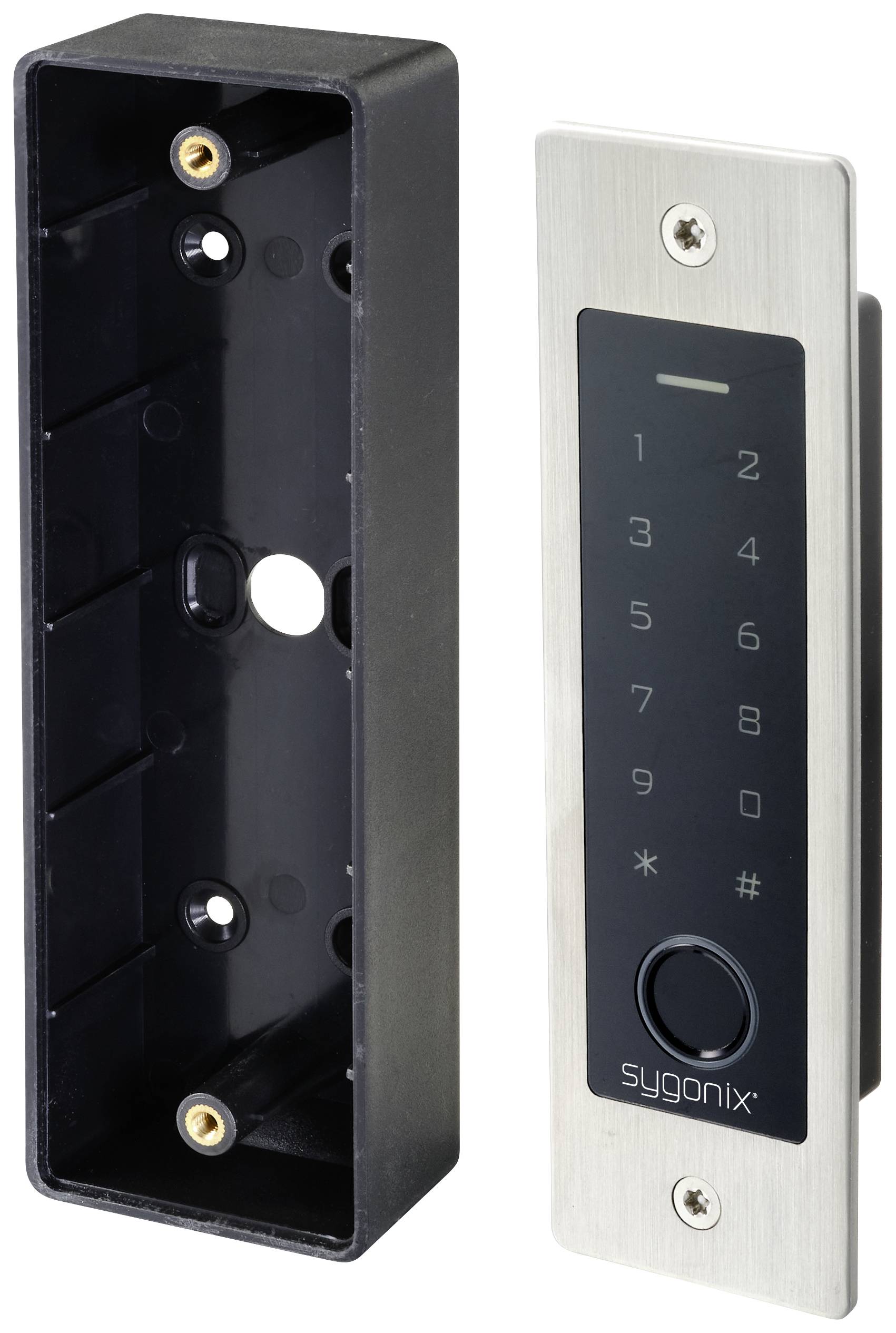 Une serrure de porte rectangulaire argentée avec clavier et façade noire, placée à droite d'un boîtier de montage noir.