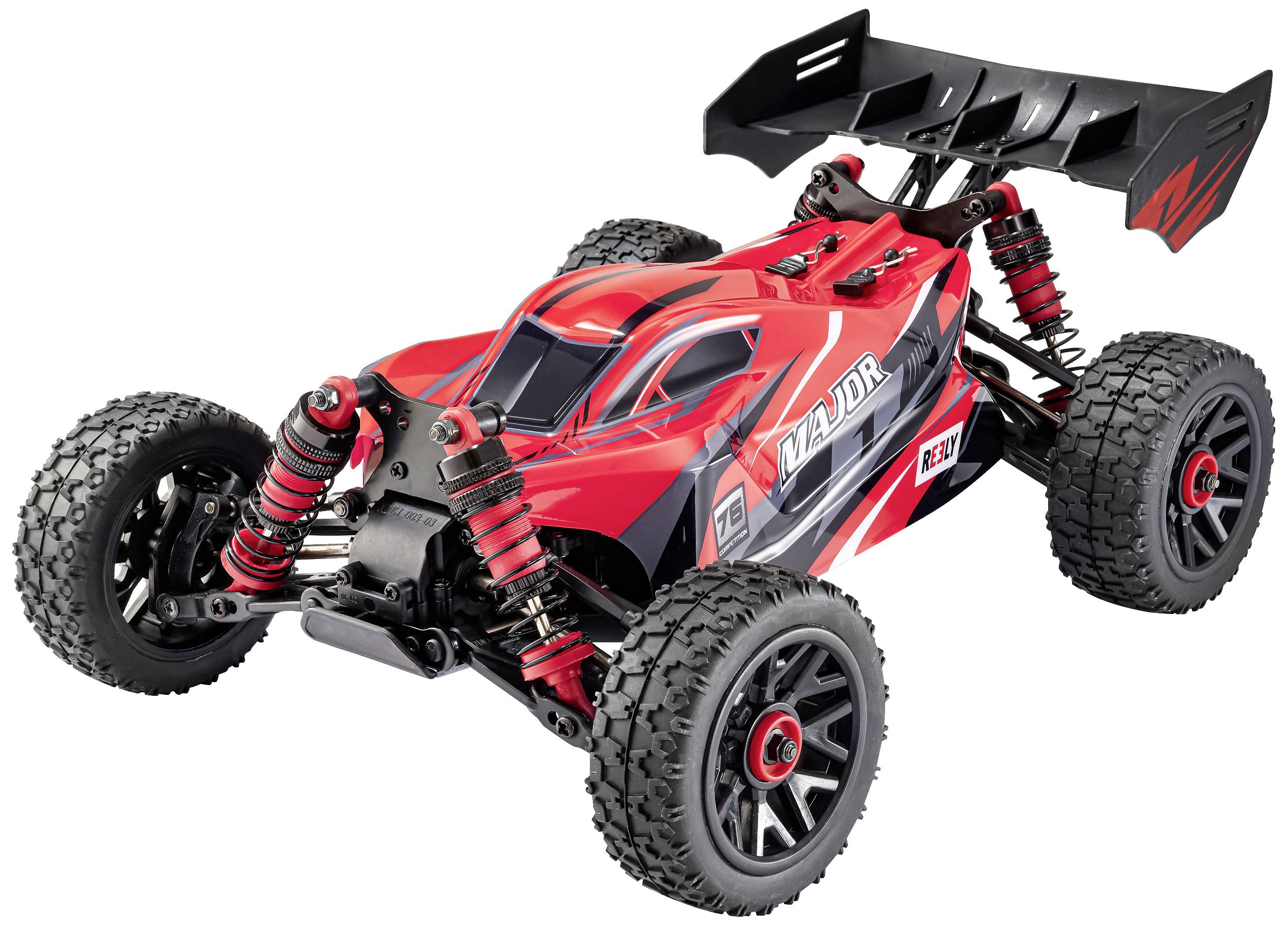 Une voiture télécommandée rouge et noire de style buggy, avec de grandes roues structurées et un aileron arrière prononcé.