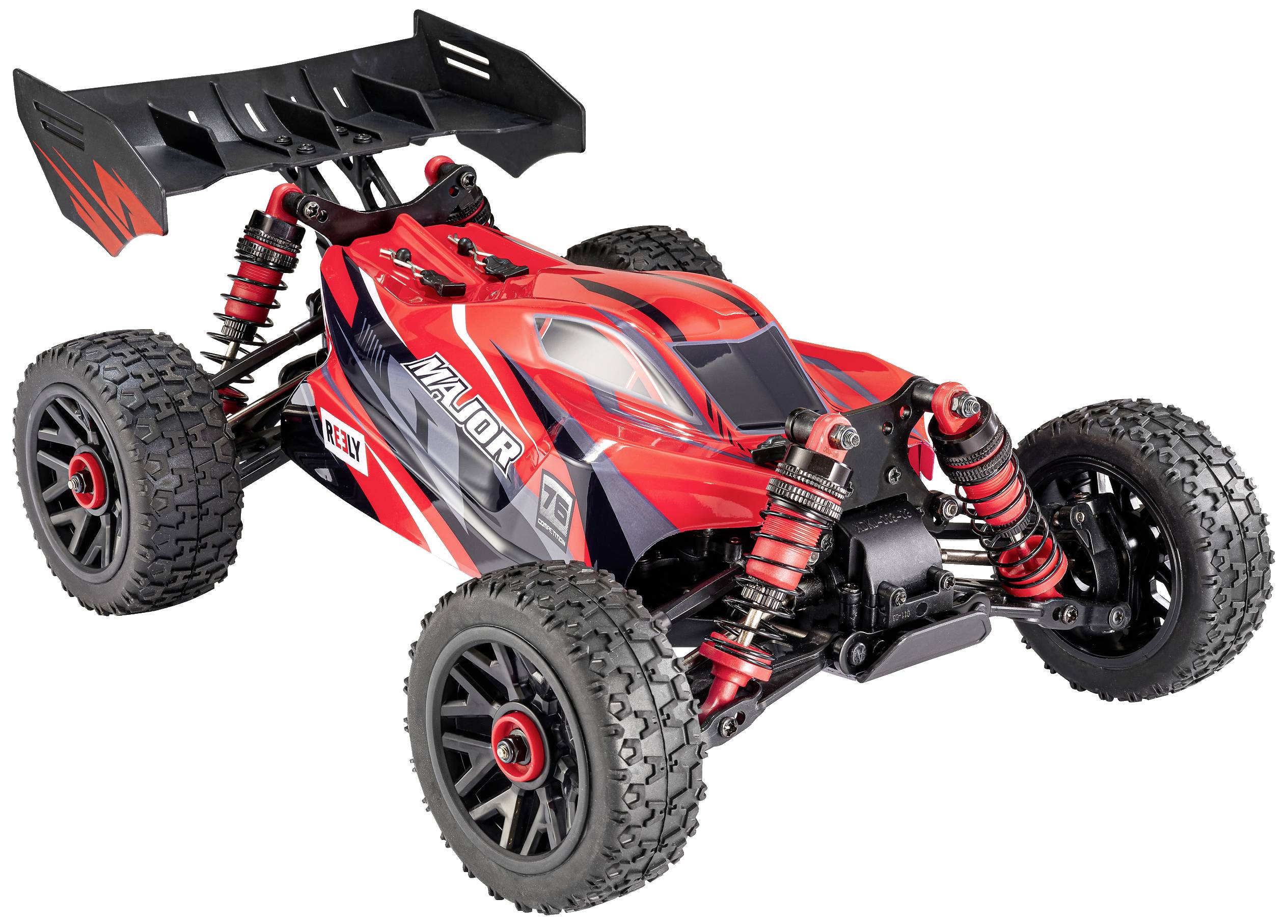Une voiture télécommandée rouge avec de grandes roues et un spoiler. On peut y lire : « Major ». Adaptée pour les courses tout-terrain.