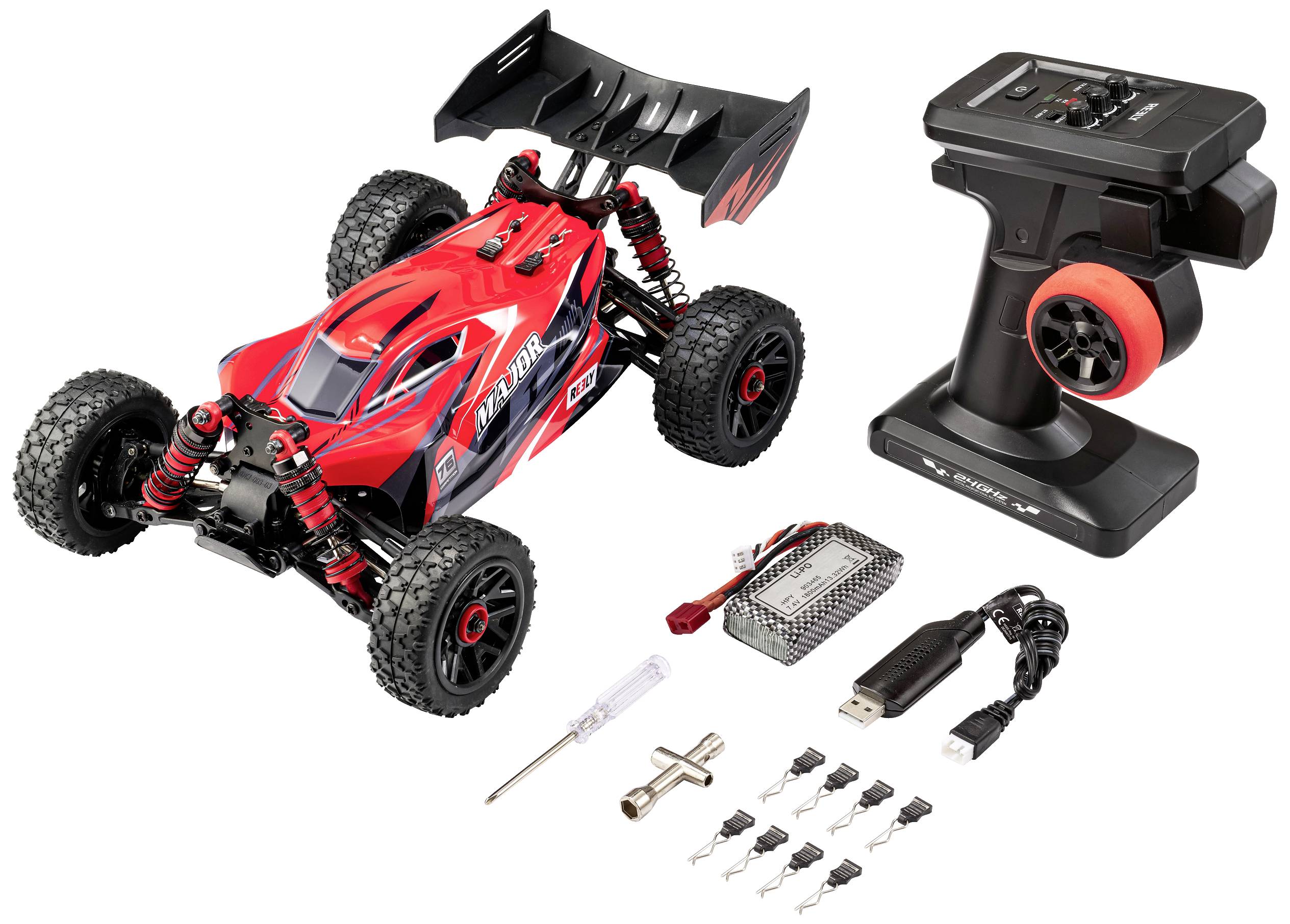 Voiture rouge télécommandée avec accessoires, comprenant un chargeur, des batteries, un tournevis et une télécommande.