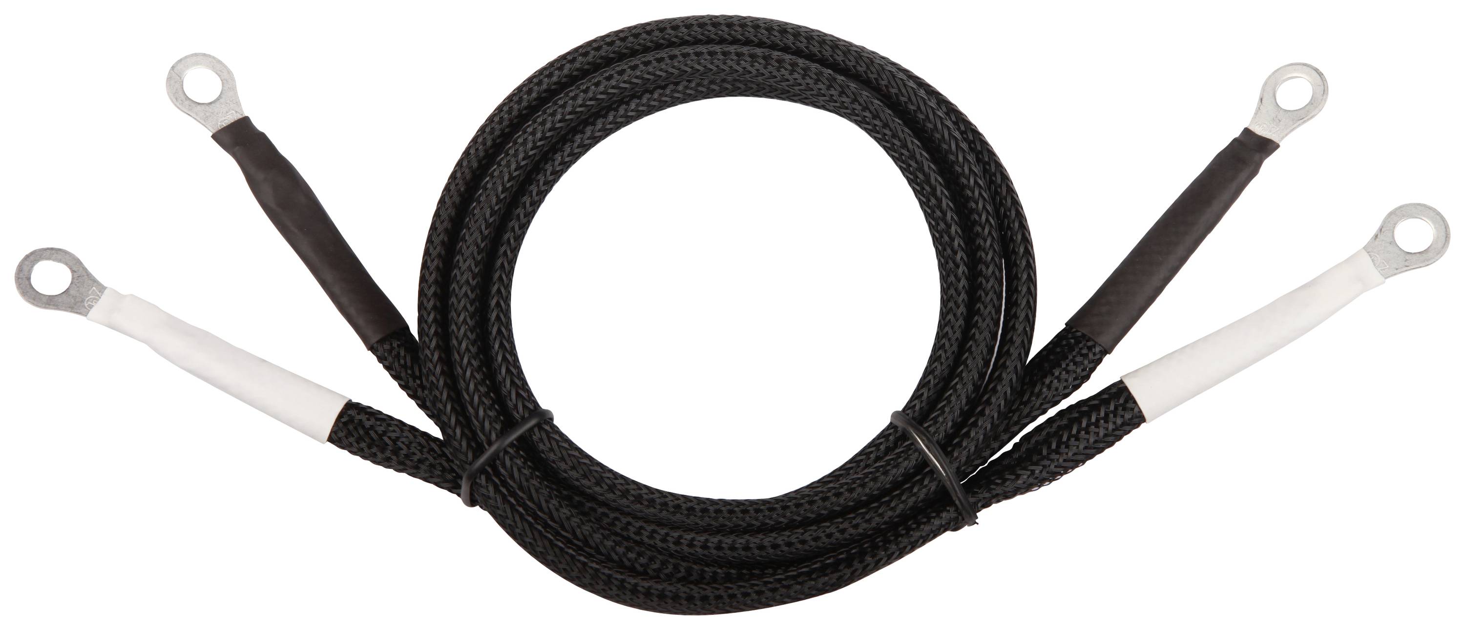 Un câble noir tressé avec trois extrémités et des œillets métalliques ronds à chaque bout, adapté pour les connexions électriques.