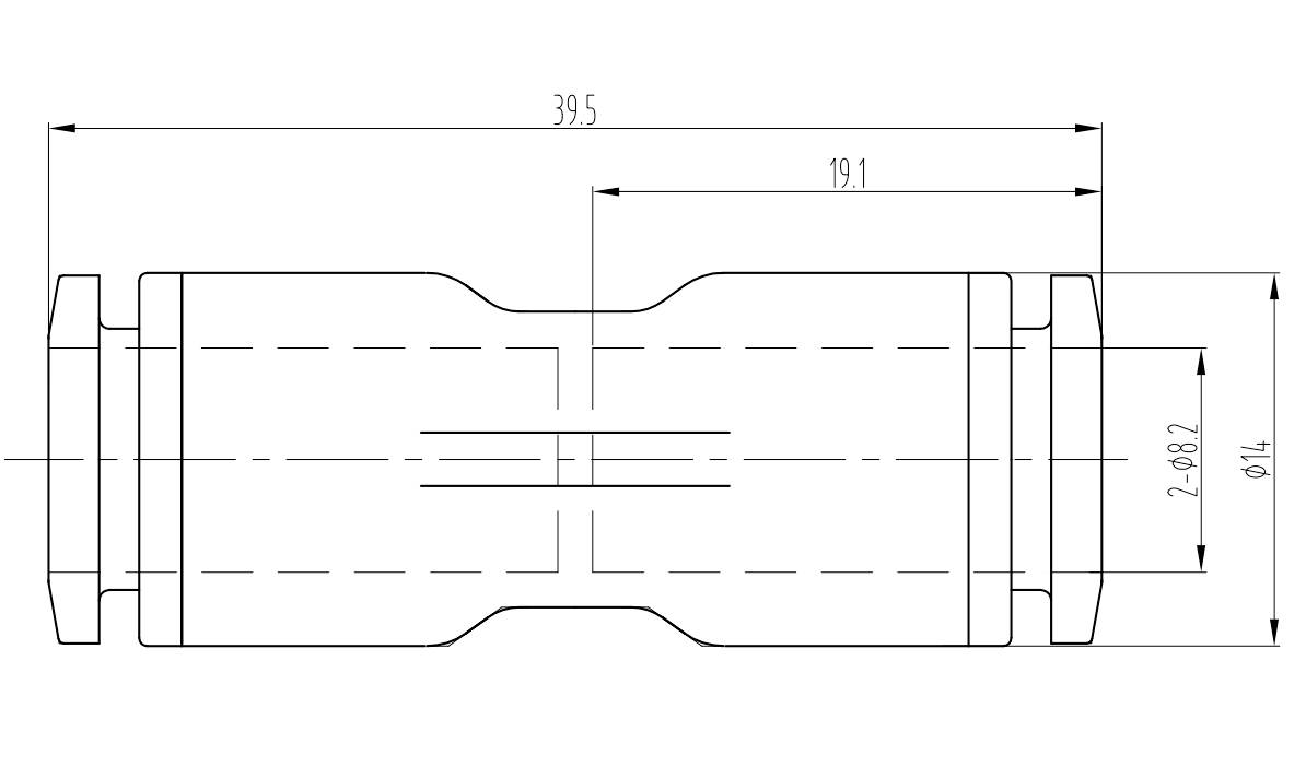 Dessin technique d'une pièce cylindrique avec les dimensions suivantes : longueur totale 39,5 mm, longueur de la section 19,1 mm, diamètre 14 mm.