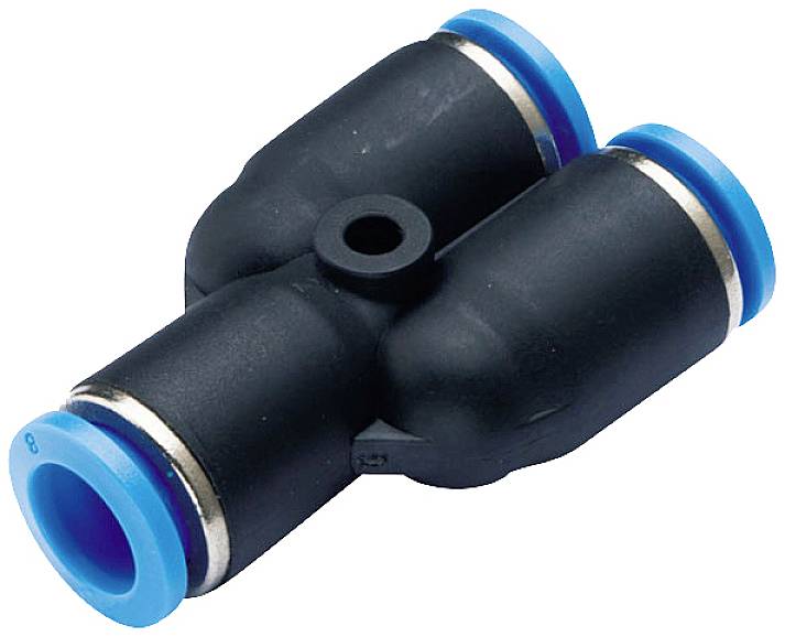 Un raccord en T noir et bleu pour tuyaux, couramment utilisé dans les systèmes pneumatiques.